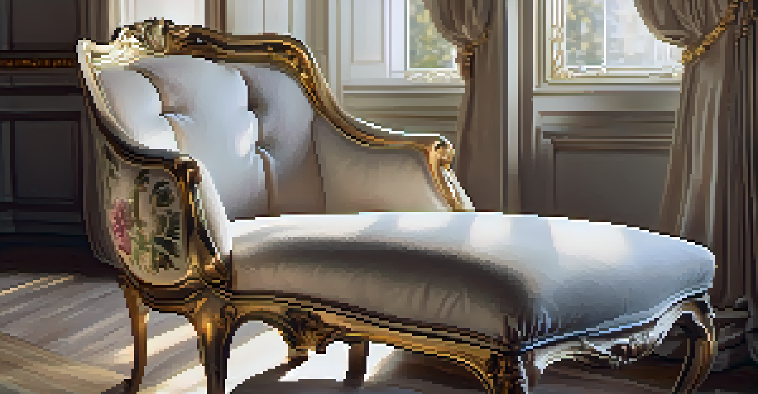 A close-up of a Rococo style armchair with romantic curves and floral carvings, upholstered in luxurious fabric with gold accents.