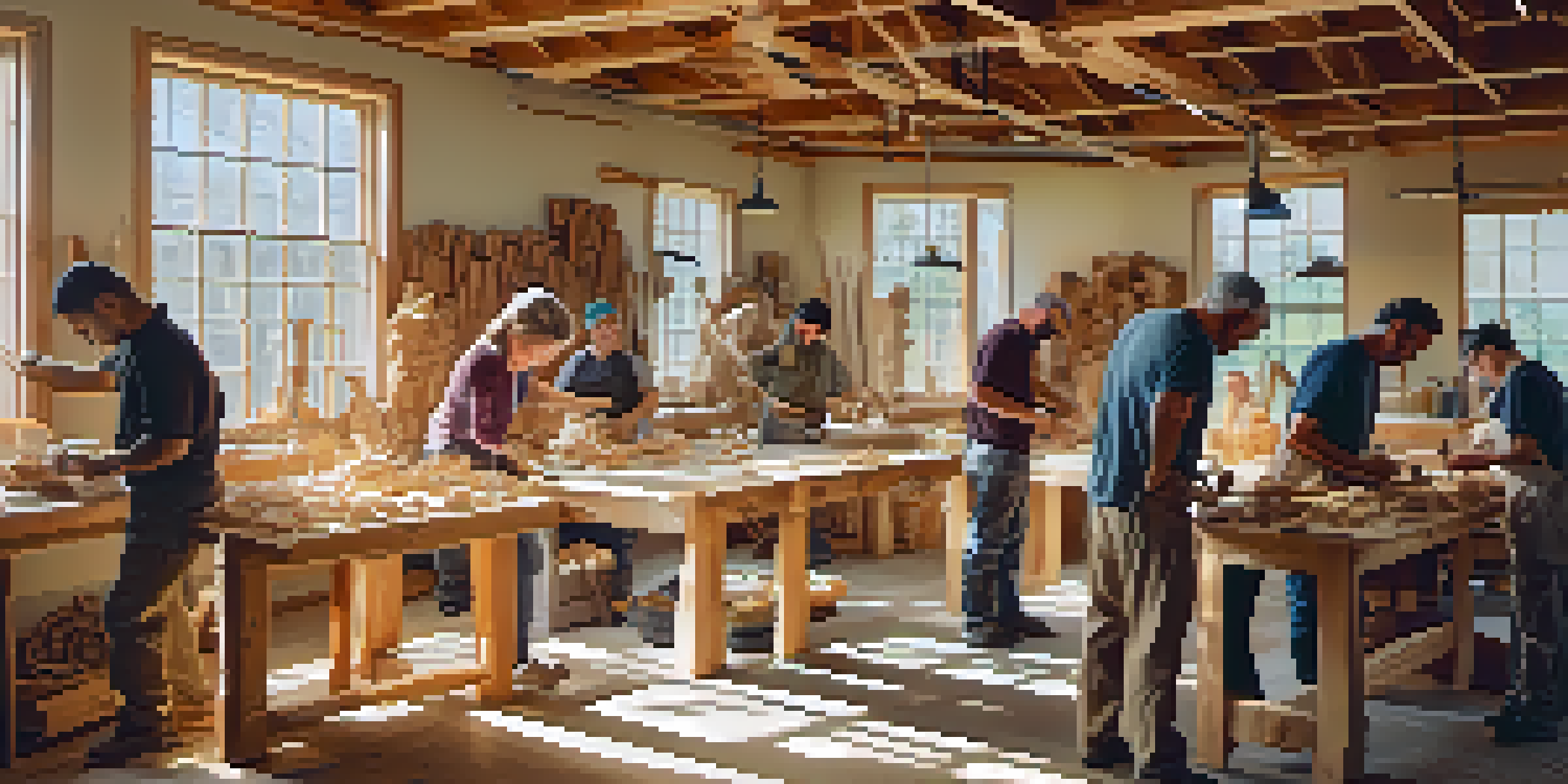 A group of diverse individuals working together on a wood carving project in a bright workshop, showcasing their tools and wood shavings.