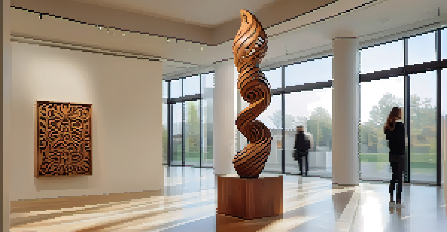 A wooden sculpture with intricate carvings displayed in a modern gallery, with natural light and a digital rendering of the design projected nearby.