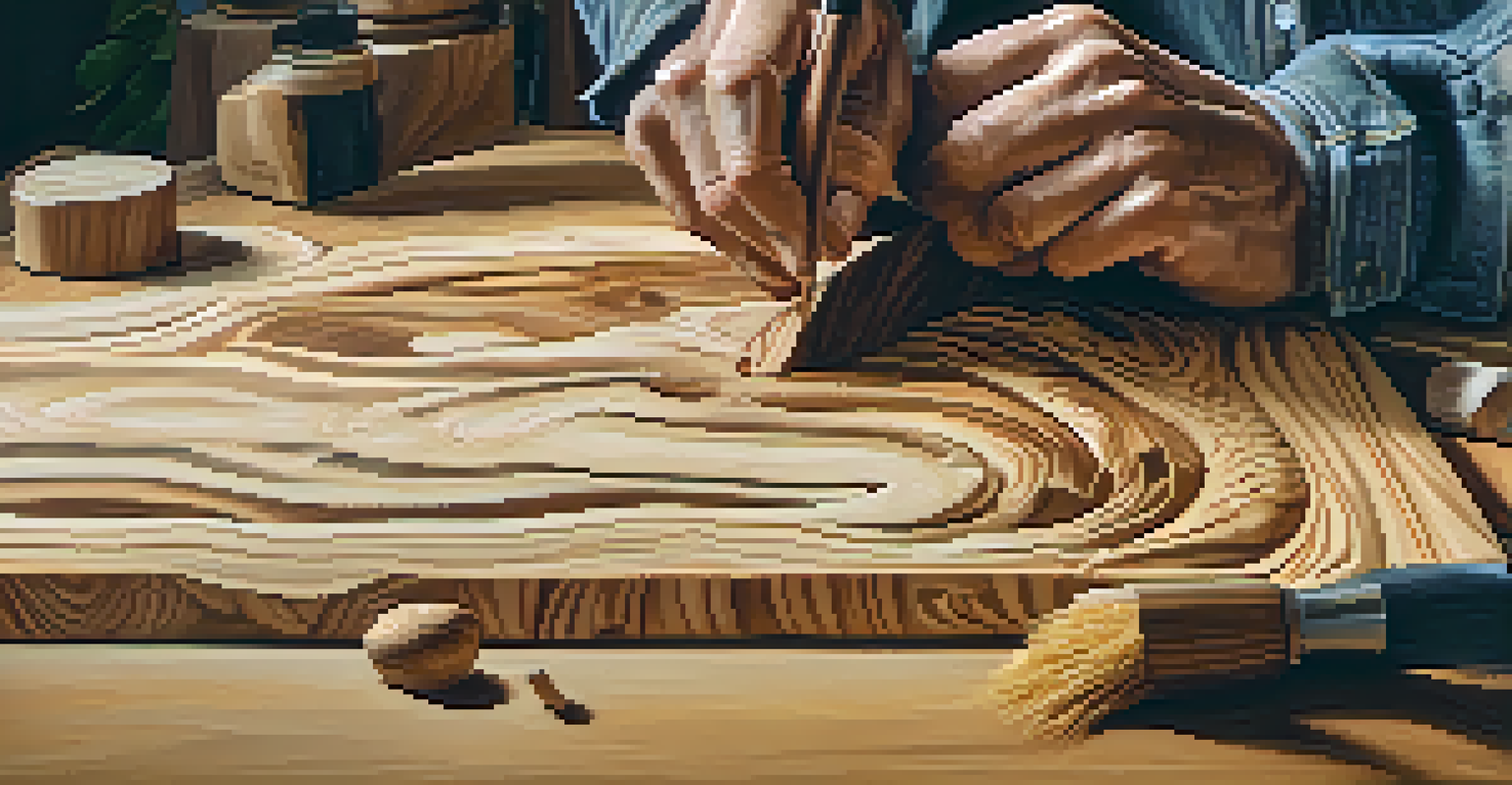 An artist's hands carving sustainably sourced wood, surrounded by eco-friendly tools and materials.