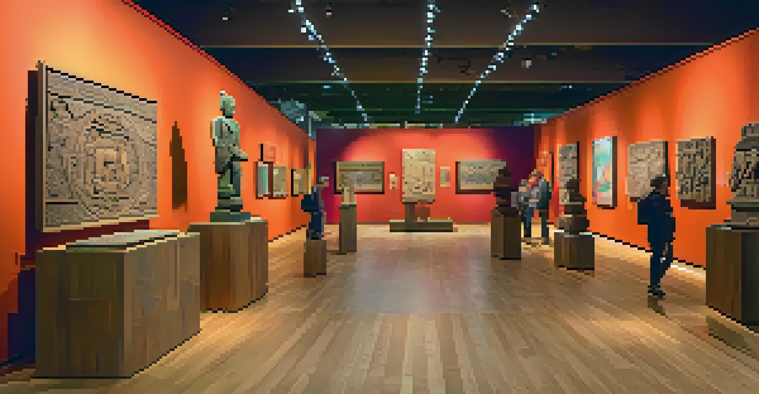 A lively carving exhibition with various wooden sculptures and visitors admiring the art.