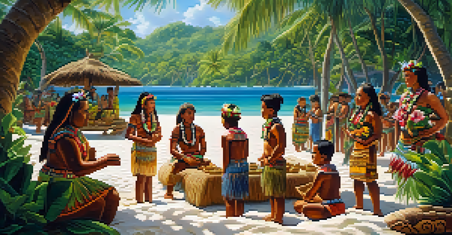 Artisans carving tiki statues on a beach during a Pacific Island celebration.
