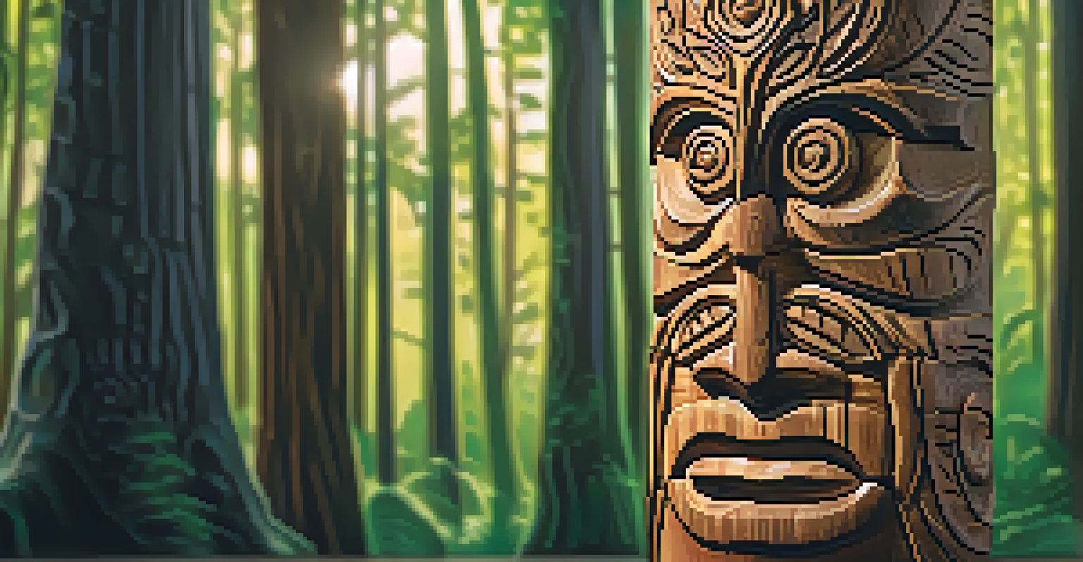 A close-up of a carved wooden totem in a forest, highlighting intricate details and textures.