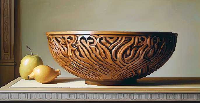A detailed close-up of a carved wooden bowl with intricate patterns and smooth curves, illuminated by soft light.