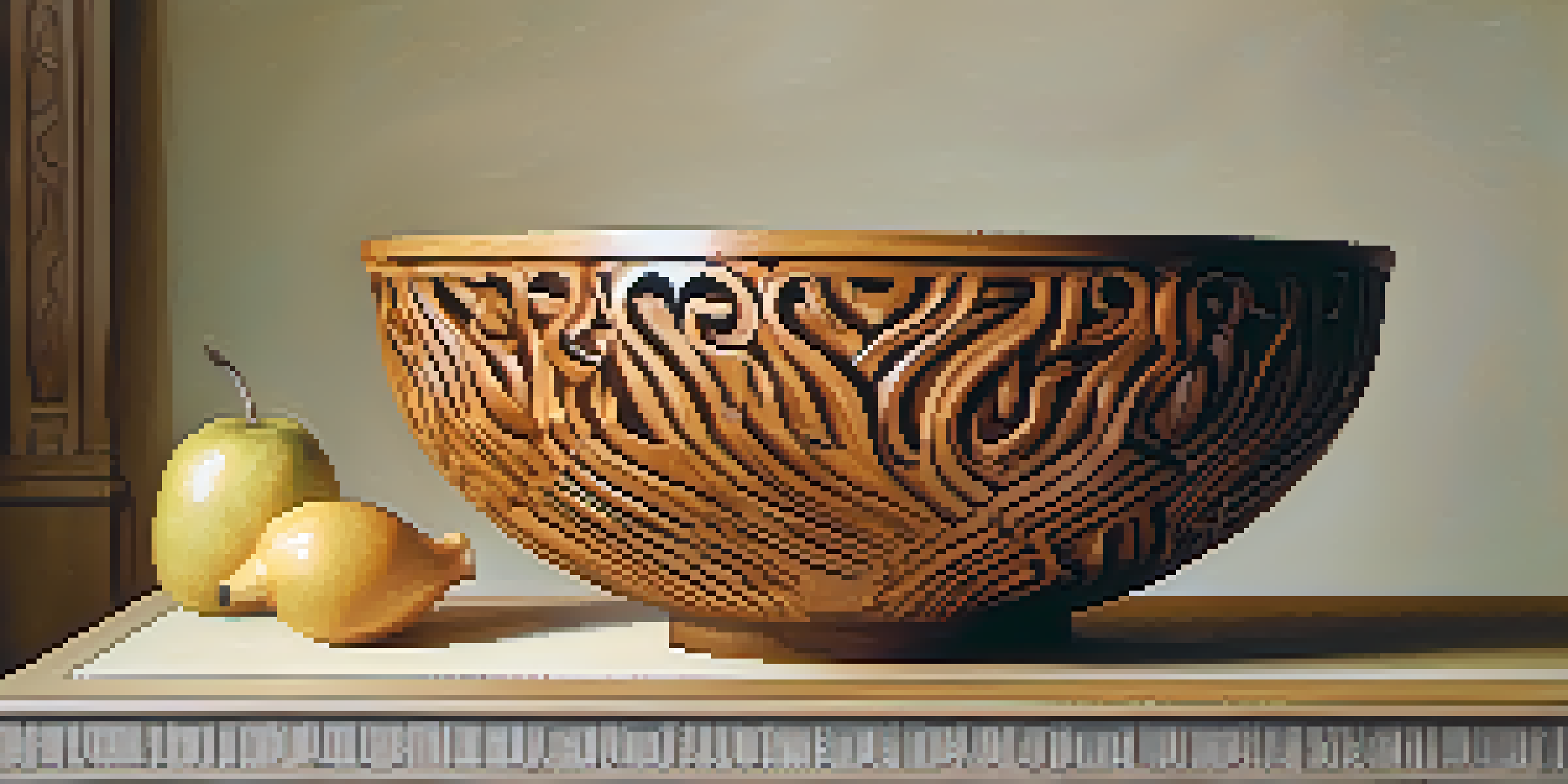 A detailed close-up of a carved wooden bowl with intricate patterns and smooth curves, illuminated by soft light.