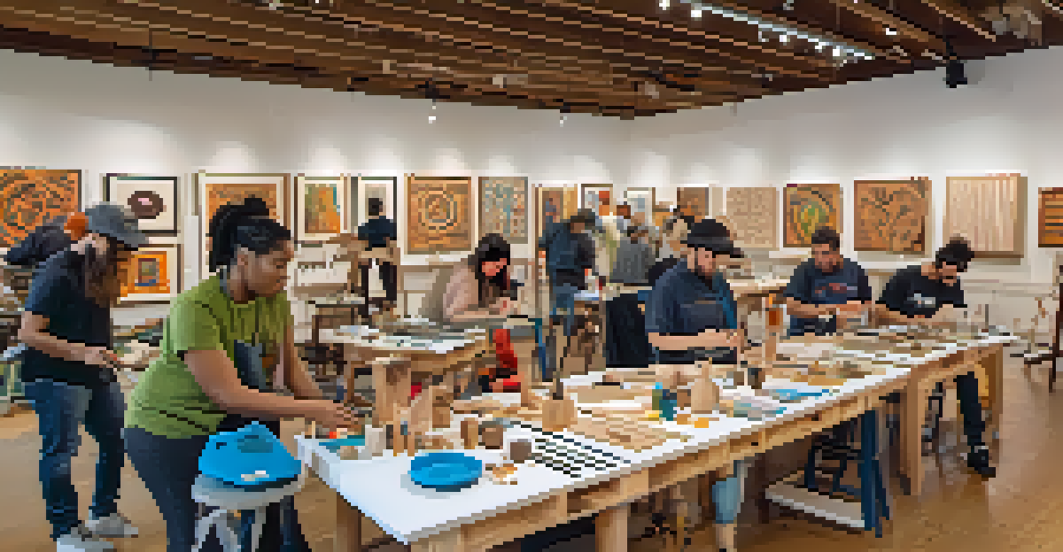 A community workshop with artists collaborating on carving projects, showcasing a blend of traditional and digital techniques.