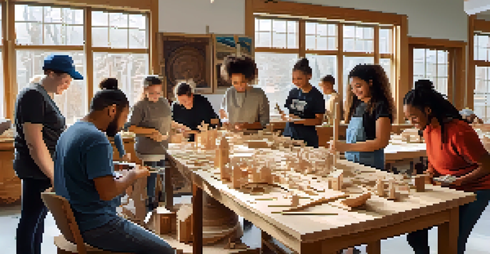 A lively community workshop with people of various ages engaged in wood carving, surrounded by sculptures and tools, with natural light streaming in.