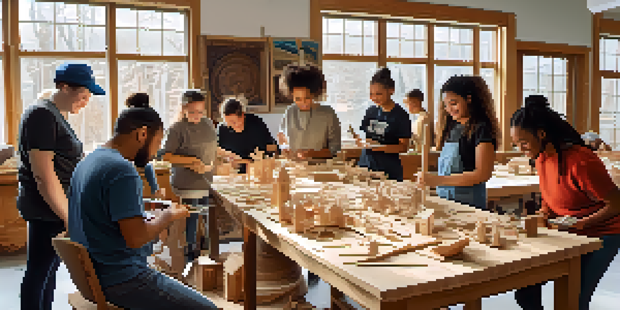A lively community workshop with people of various ages engaged in wood carving, surrounded by sculptures and tools, with natural light streaming in.