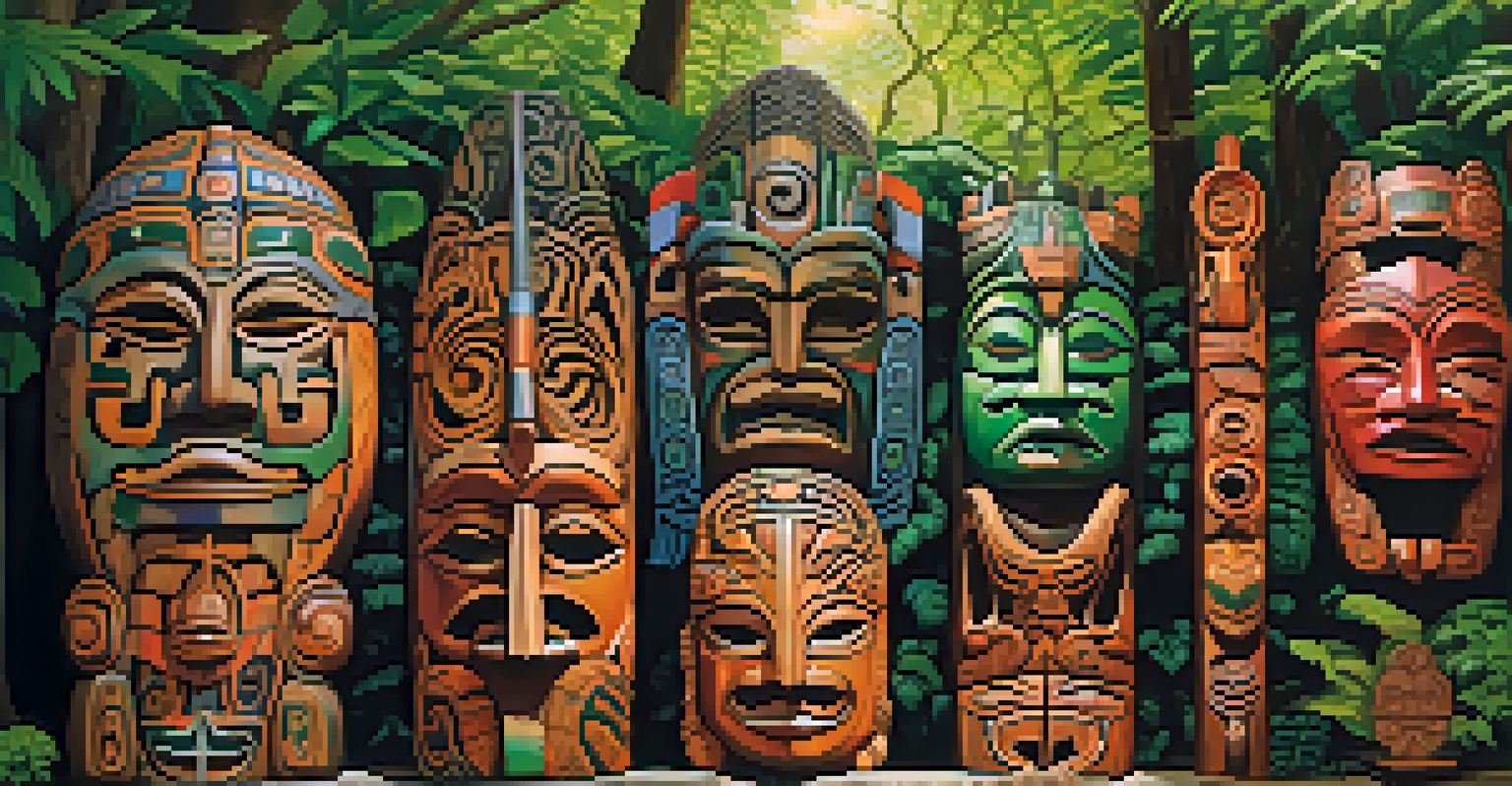 A collection of colorful Maori carvings, including totems and masks, displayed against a lush green forest backdrop, with sunlight creating beautiful patterns on the carvings.