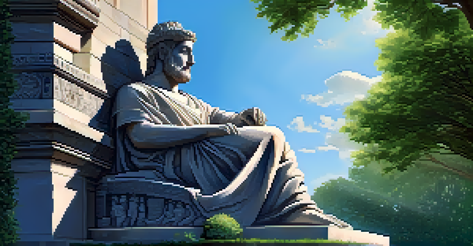 A tall stone sculpture of an ancient figure against a blue sky, surrounded by green plants.