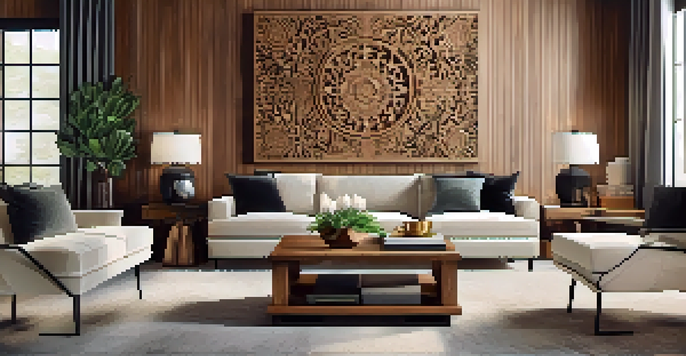 A cozy living room with a large carved wooden wall art above a modern couch, warm colors, and soft lighting.