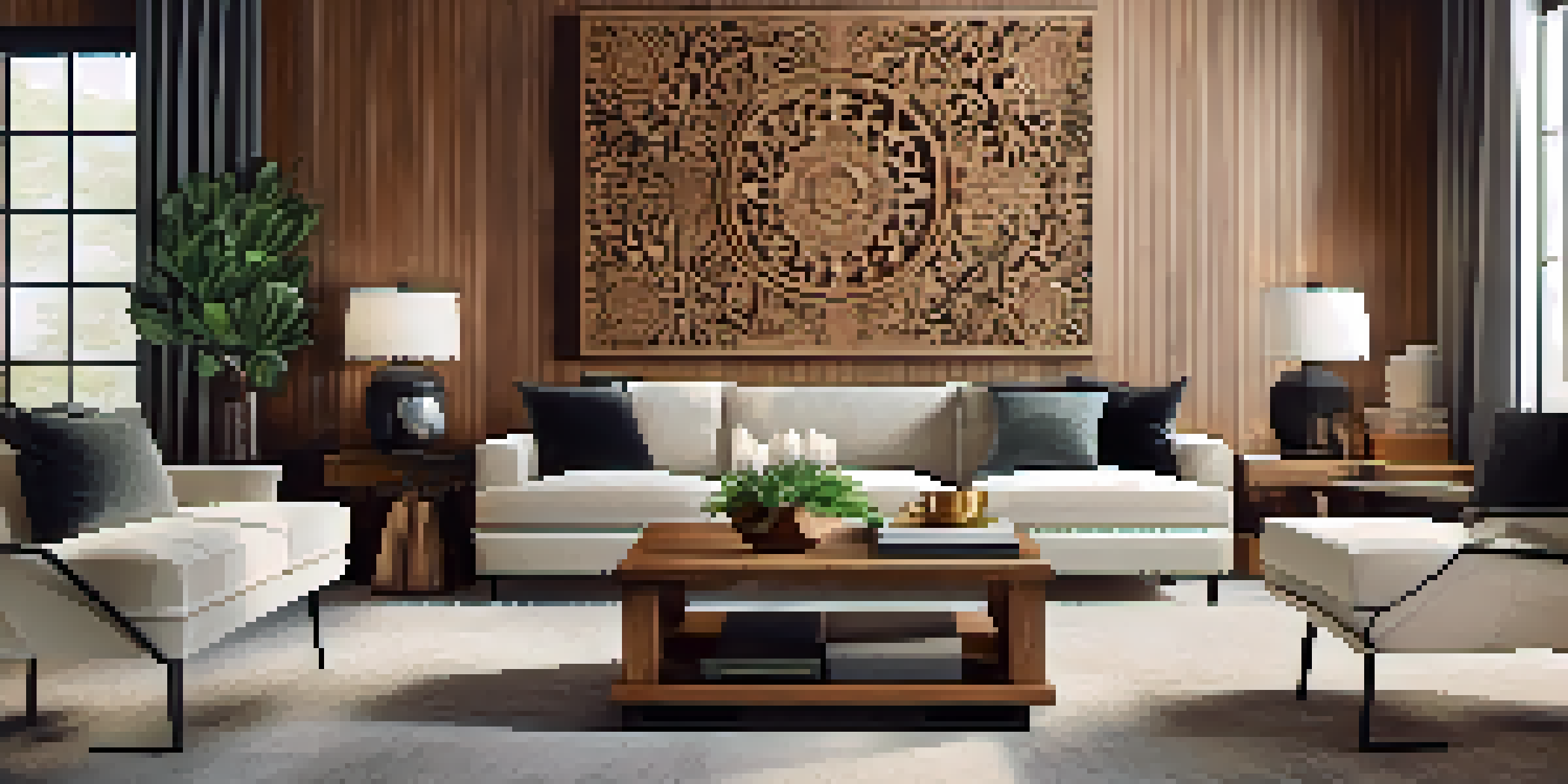 A cozy living room with a large carved wooden wall art above a modern couch, warm colors, and soft lighting.