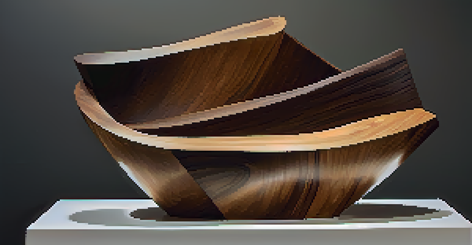 An abstract wood sculpture under soft lighting, showcasing its unique shapes and vibrant colors against a dark background.