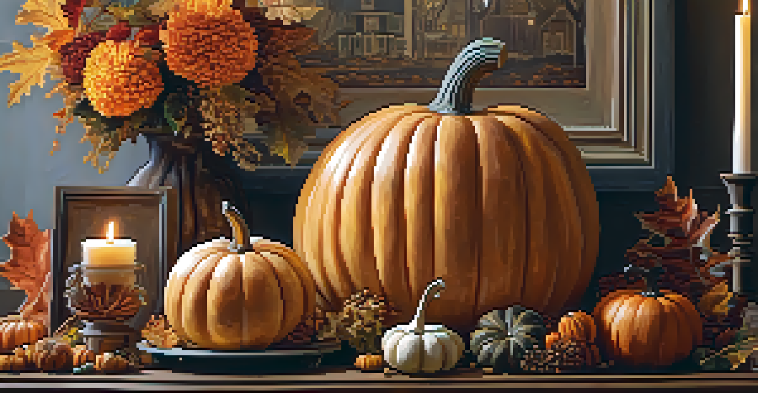 A carved pumpkin showcasing an autumn scene, surrounded by decorative gourds and leaves on a wooden table.