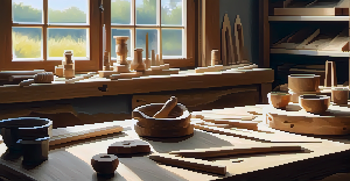 A peaceful woodworking workshop with a workbench, carving tools, and a partially carved bird sculpture, illuminated by natural sunlight.
