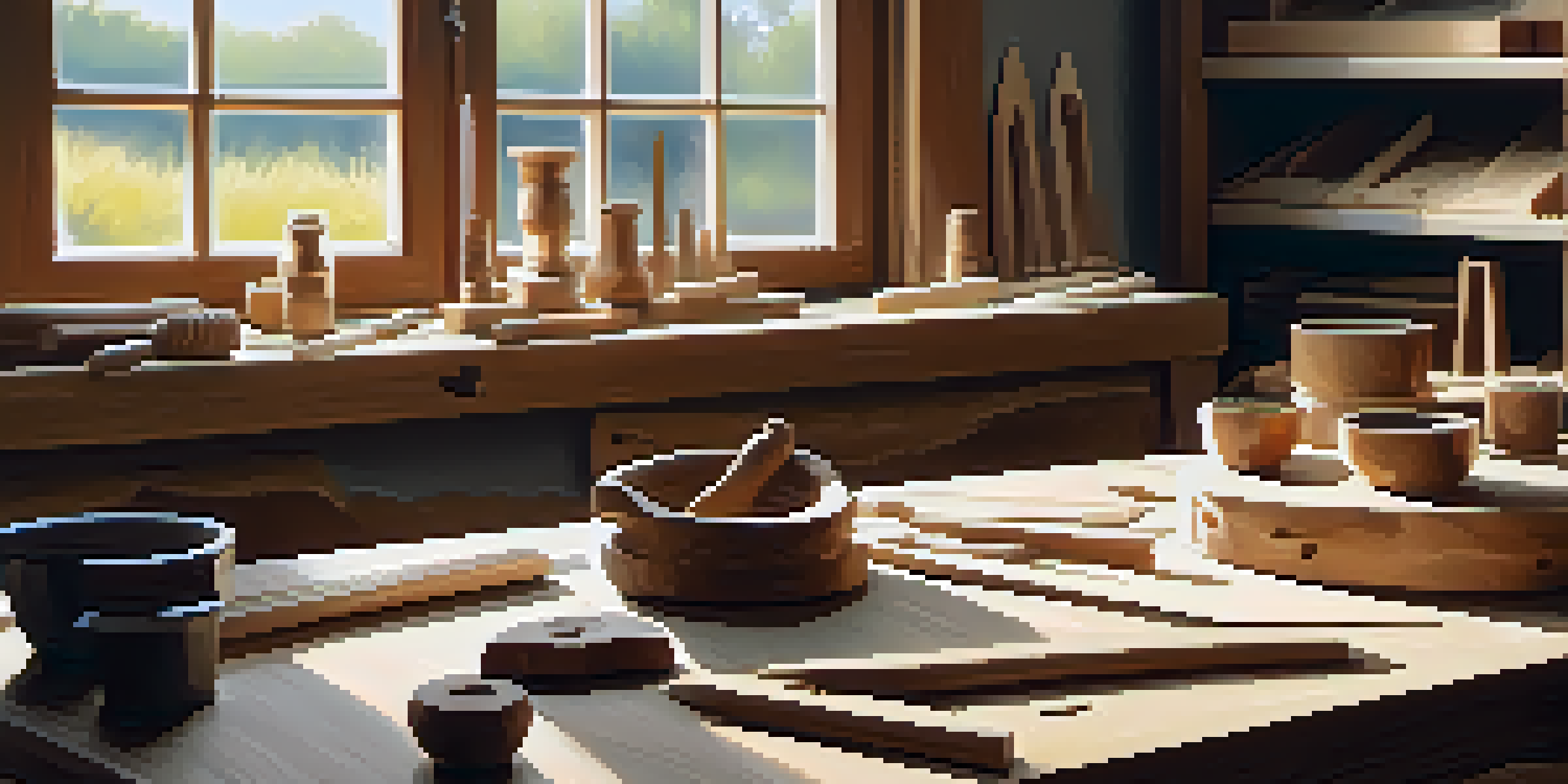 A peaceful woodworking workshop with a workbench, carving tools, and a partially carved bird sculpture, illuminated by natural sunlight.