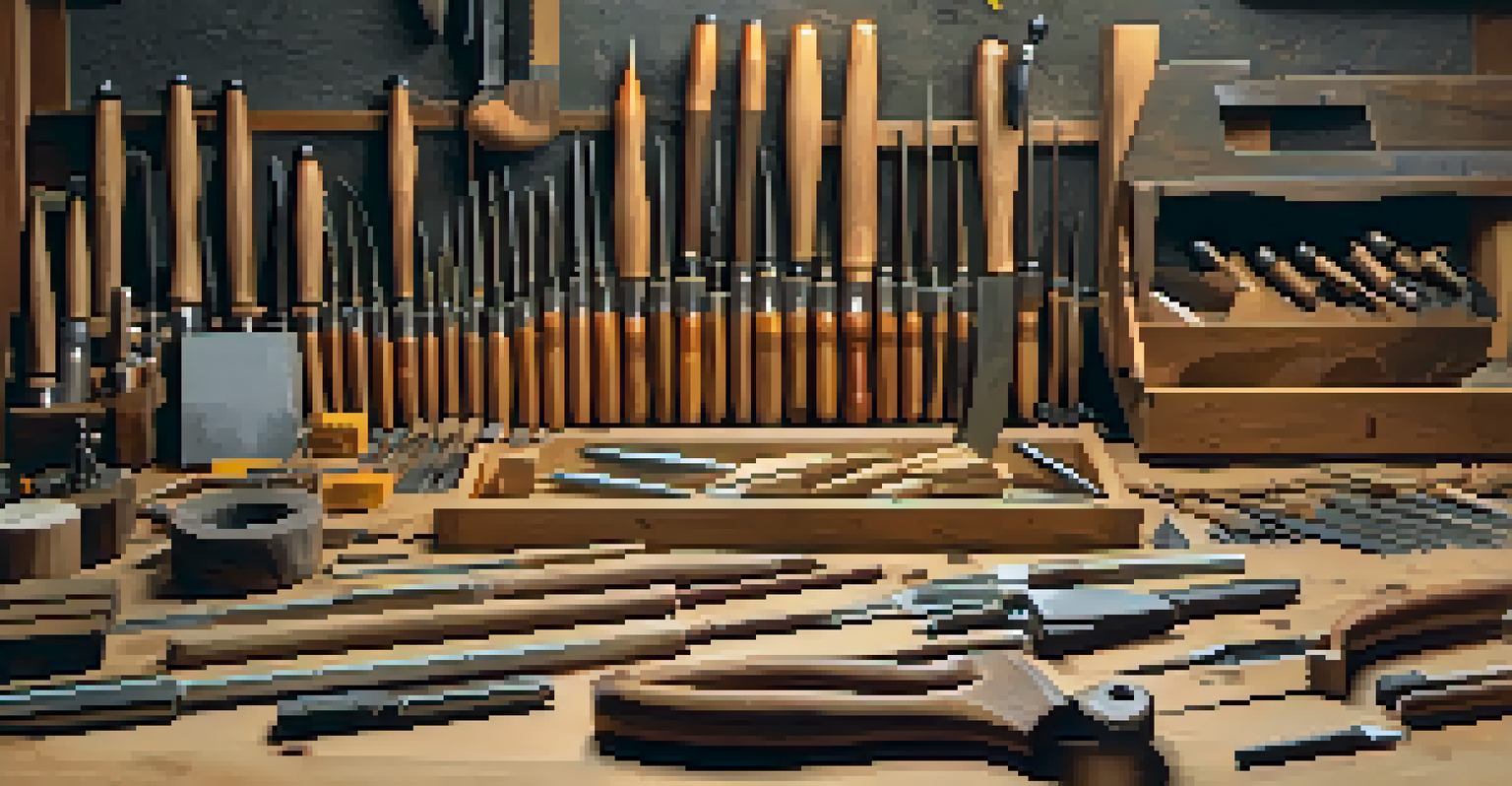 An organized wooden toolbox filled with assorted carving tools neatly arranged on a workbench, illuminated by natural light.