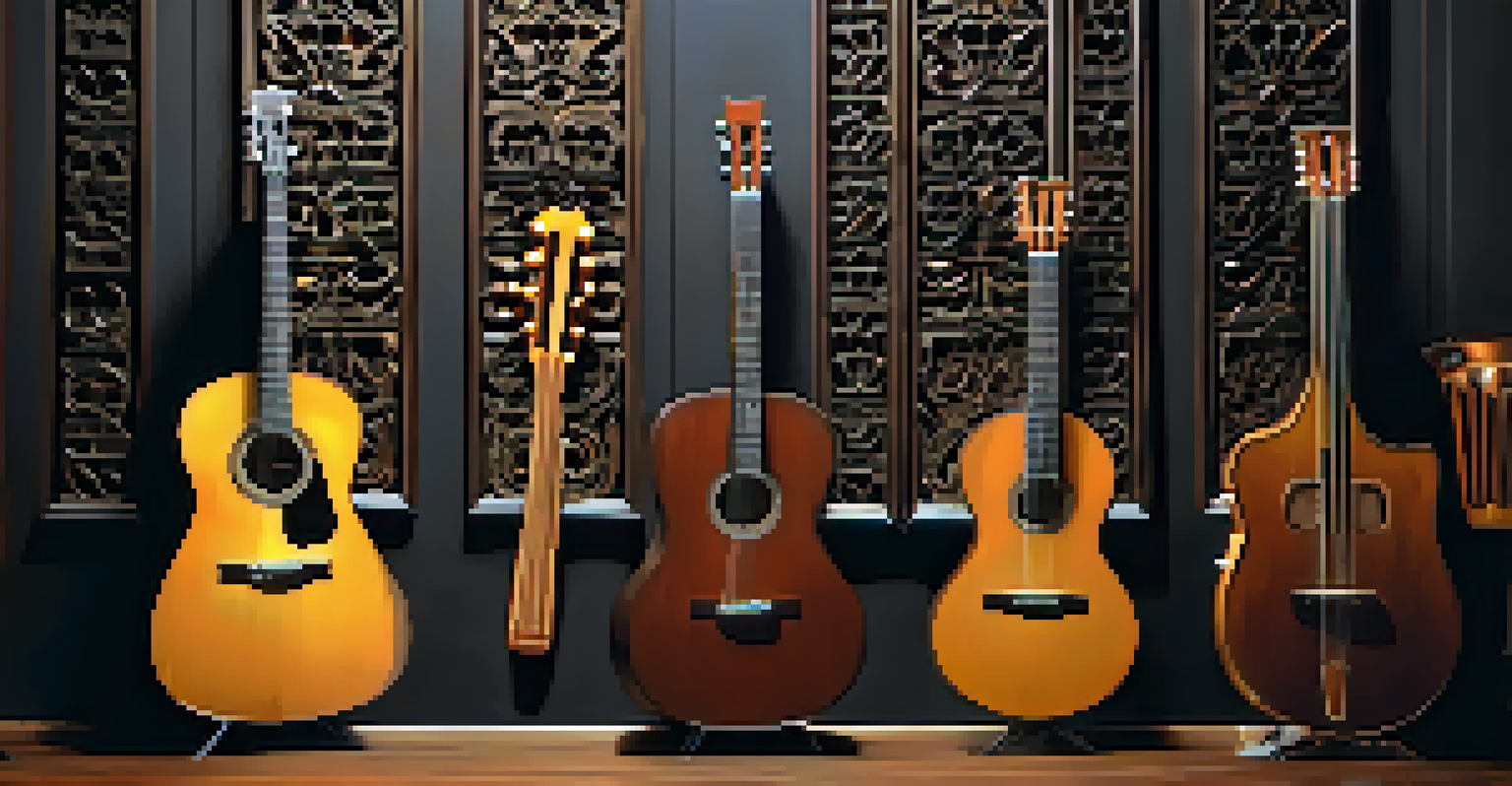 A collection of musical instruments including a lute and a guitar, displayed against a dark background with focused lighting.