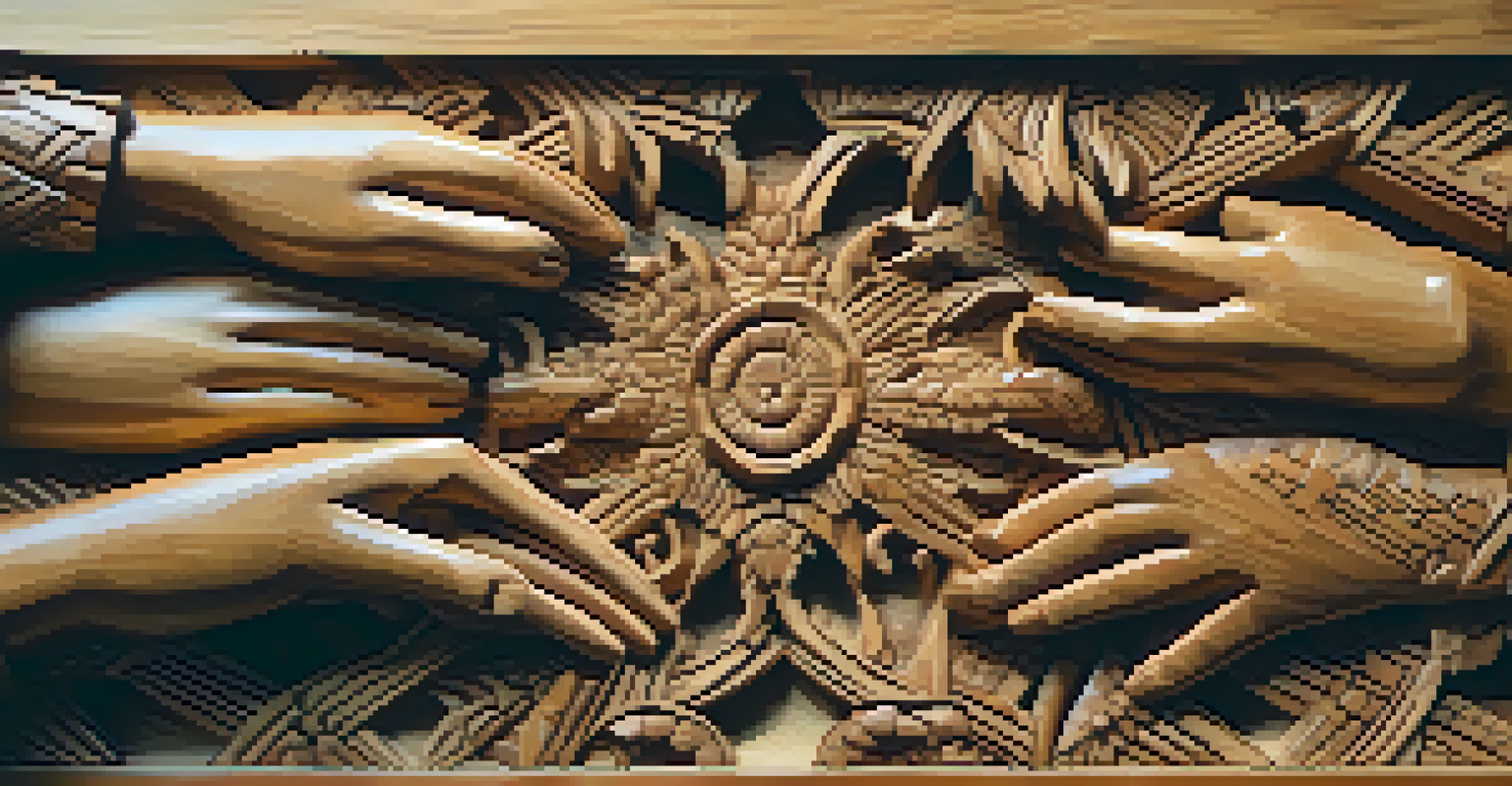 Close-up of hands from different individuals carving a large wooden sculpture, showing diverse techniques and patterns.