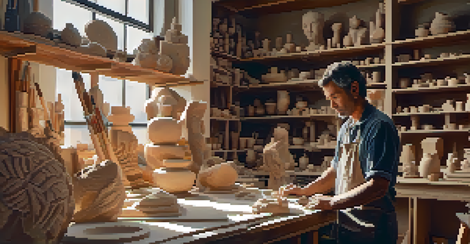 A sculptor working on a large block of clay in a bright studio, with tools and completed sculptures around them.