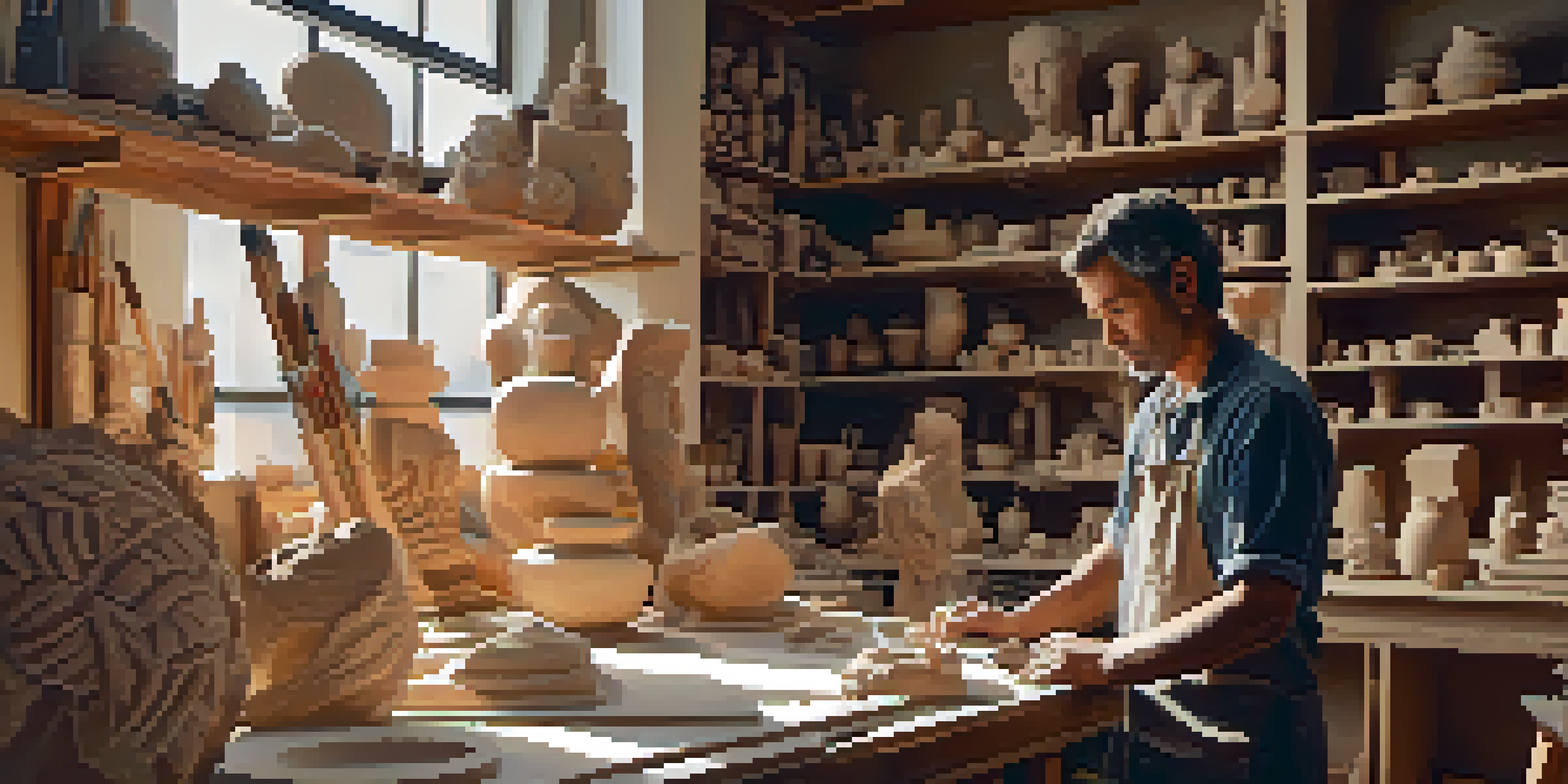 A sculptor working on a large block of clay in a bright studio, with tools and completed sculptures around them.