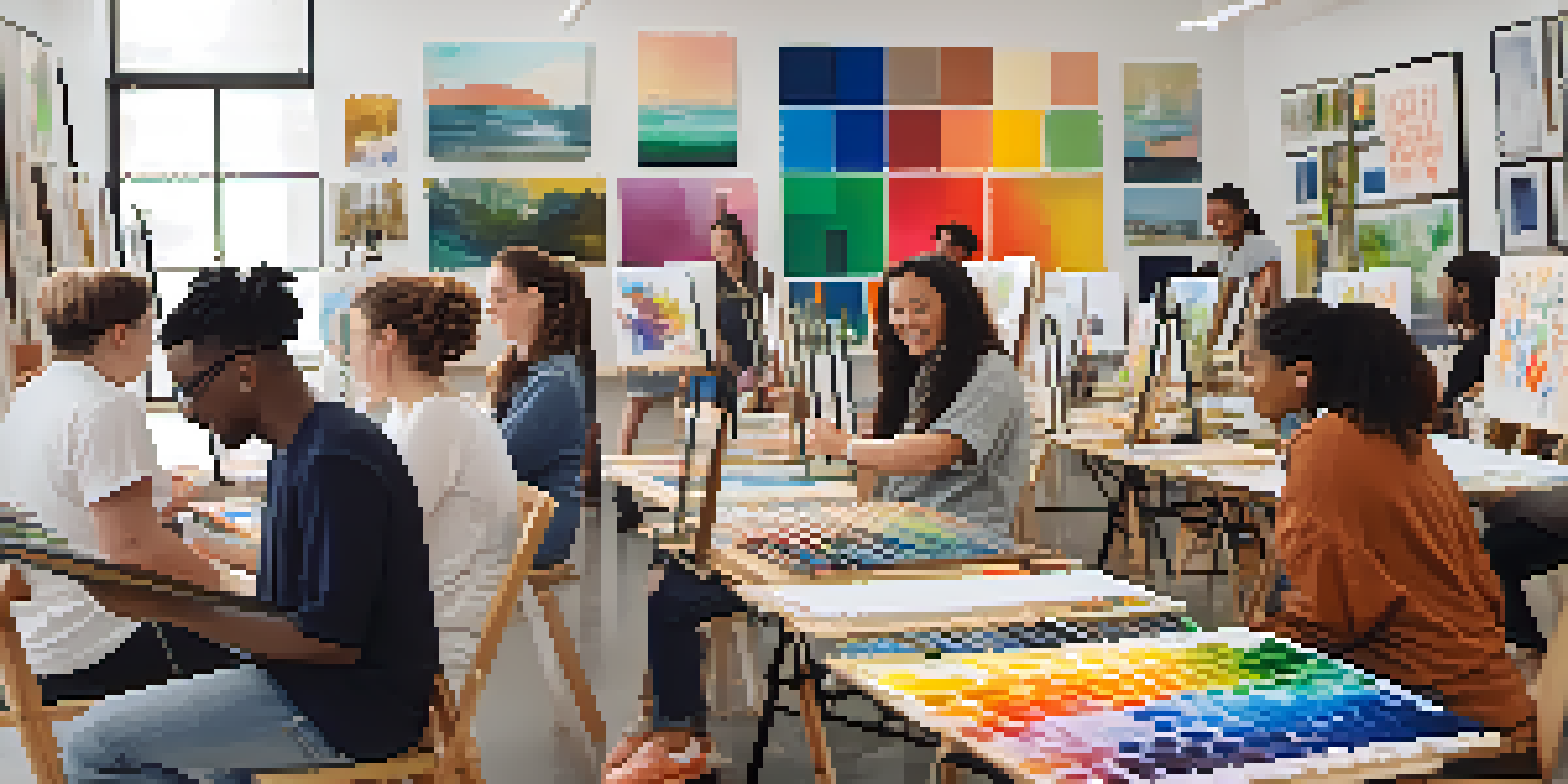 A bright art workshop with diverse individuals creating art and sharing stories, filled with colorful artworks and inspirational quotes.