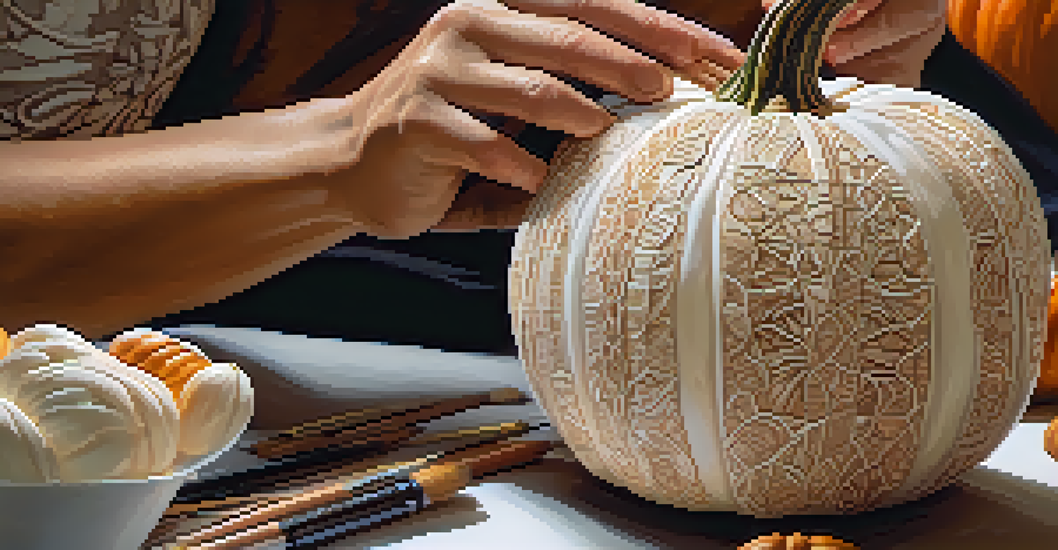 Close-up of hands carving detailed designs into a pumpkin, highlighting the texture of the pumpkin and the artistic process.