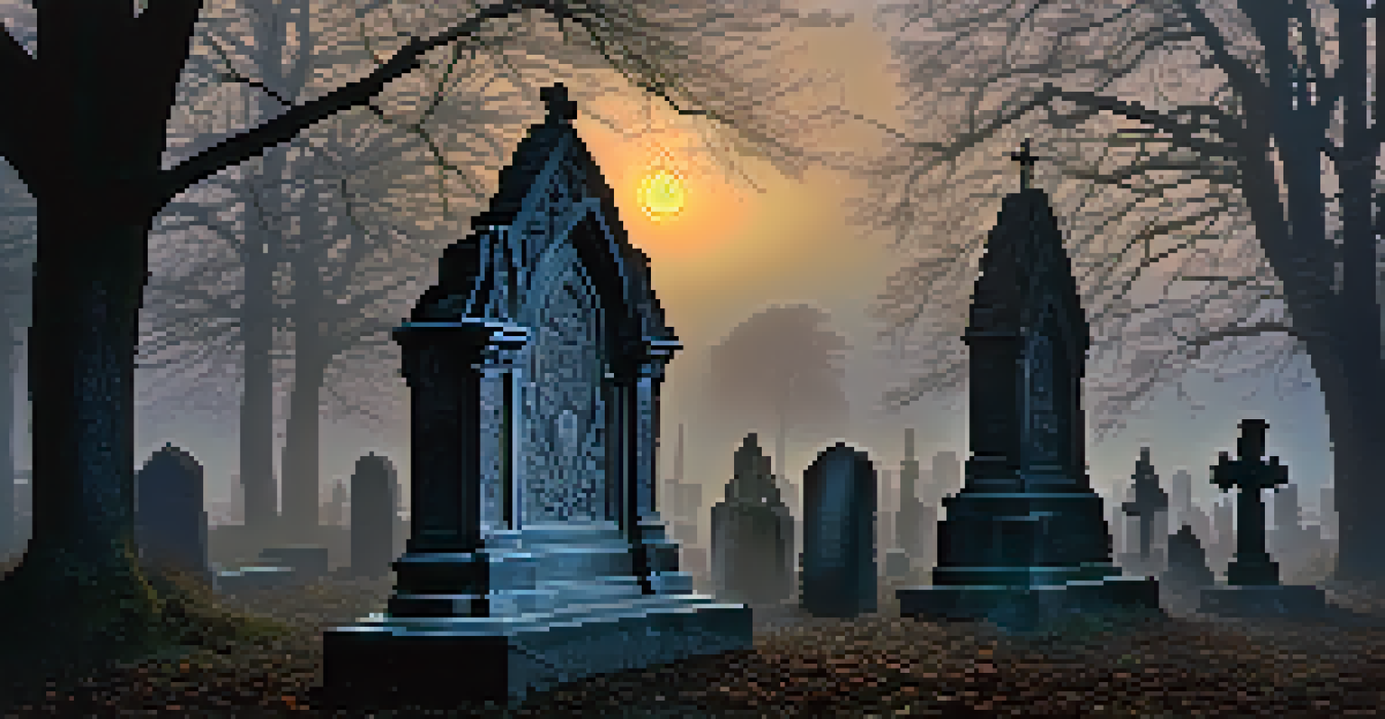 A Gothic tombstone with intricate carvings in a misty graveyard at dusk, softly illuminated by moonlight.