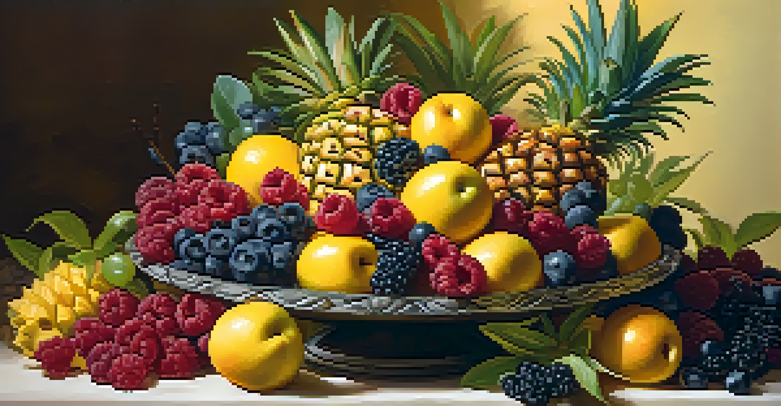 A carved pineapple bowl filled with assorted berries and sliced fruits, beautifully arranged against warm lighting.