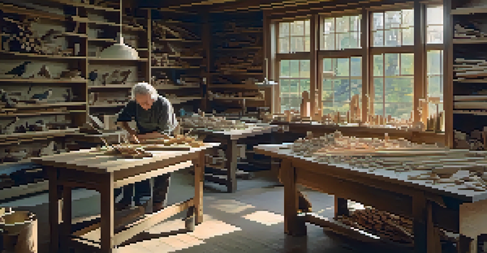 A wood carving workshop filled with natural light, featuring a table with tools and a partially finished wooden bird sculpture, with an artisan working in the background.