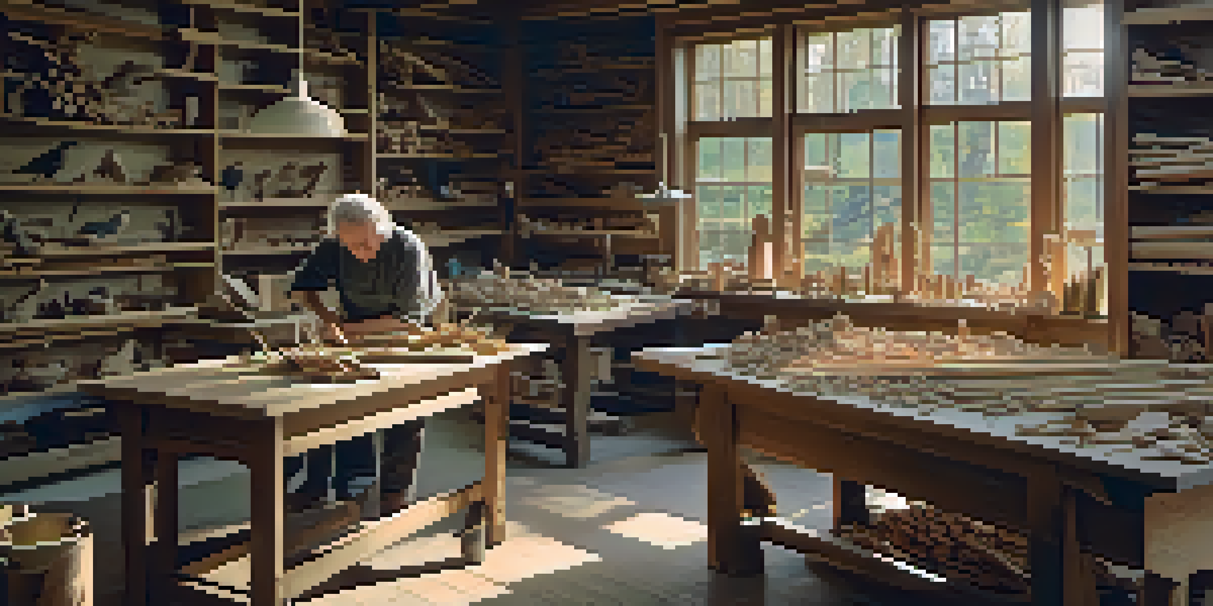 A wood carving workshop filled with natural light, featuring a table with tools and a partially finished wooden bird sculpture, with an artisan working in the background.