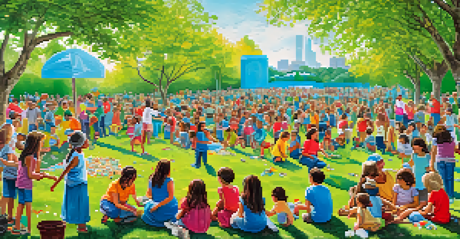 A community gathering in a park with people of all ages creating a mural from collected plastic waste, surrounded by trees and blue skies.