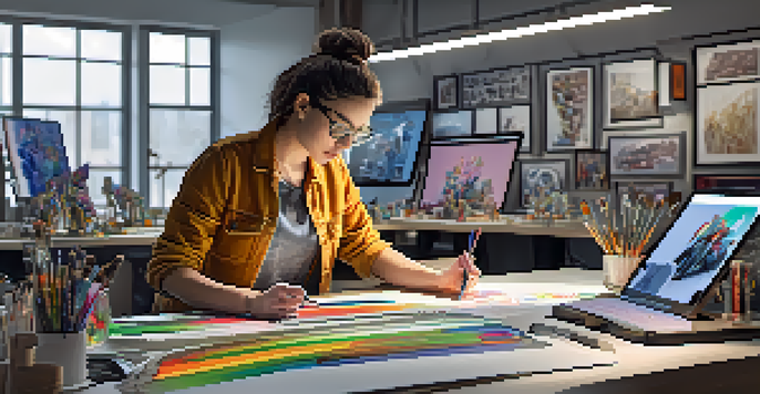 A digital sculptor working in a bright studio, using a stylus on a tablet with multiple screens showing 3D models.