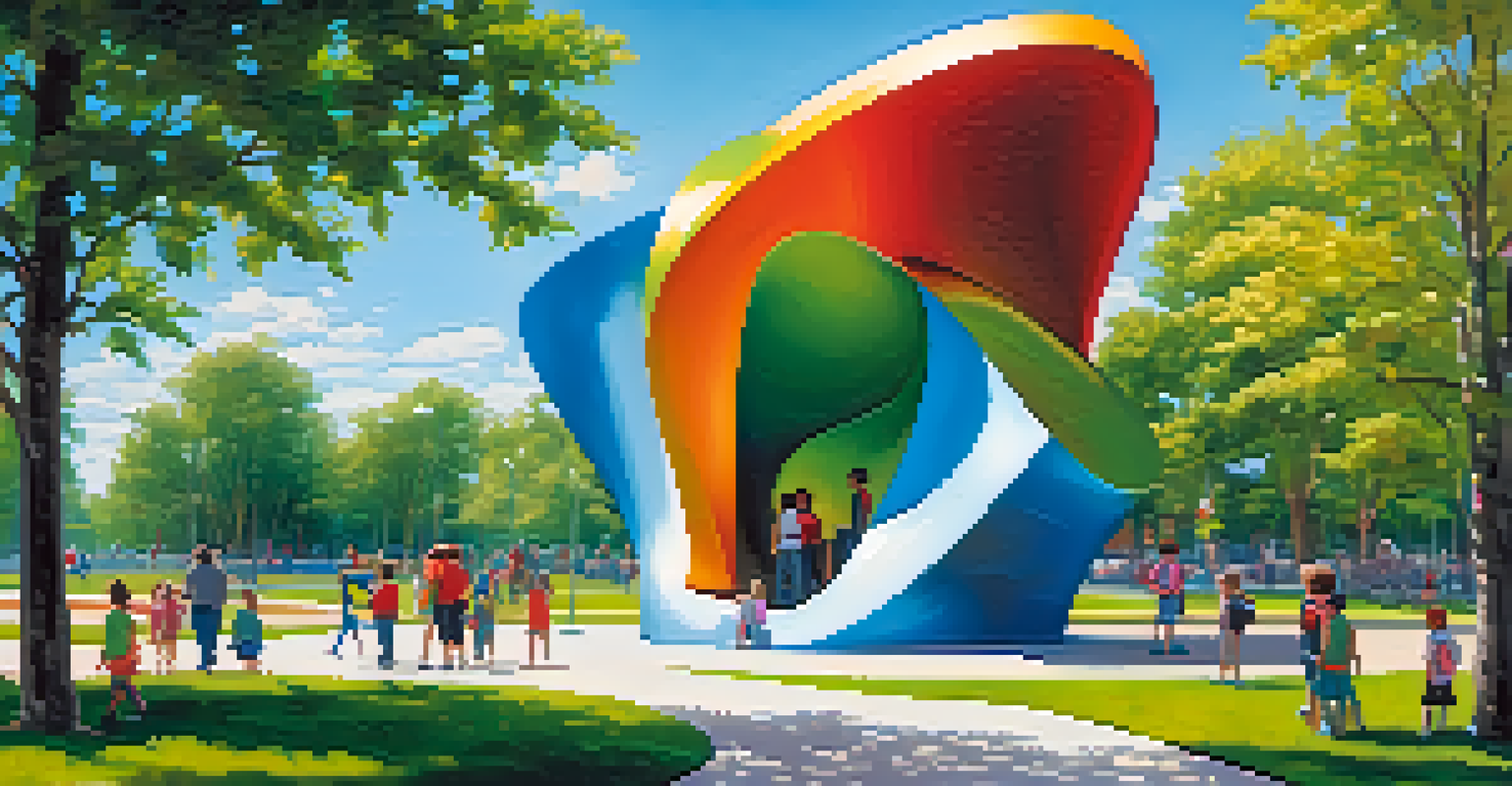 A large metal sculpture in a park, surrounded by children playing and people admiring it, with a clear blue sky above.