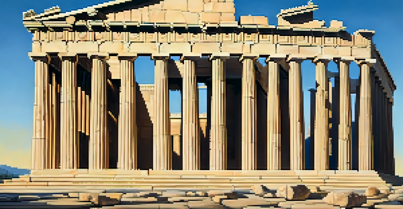 A panoramic view of the Parthenon in Athens, showcasing its partially weathered columns and intricate carvings under golden hour light.