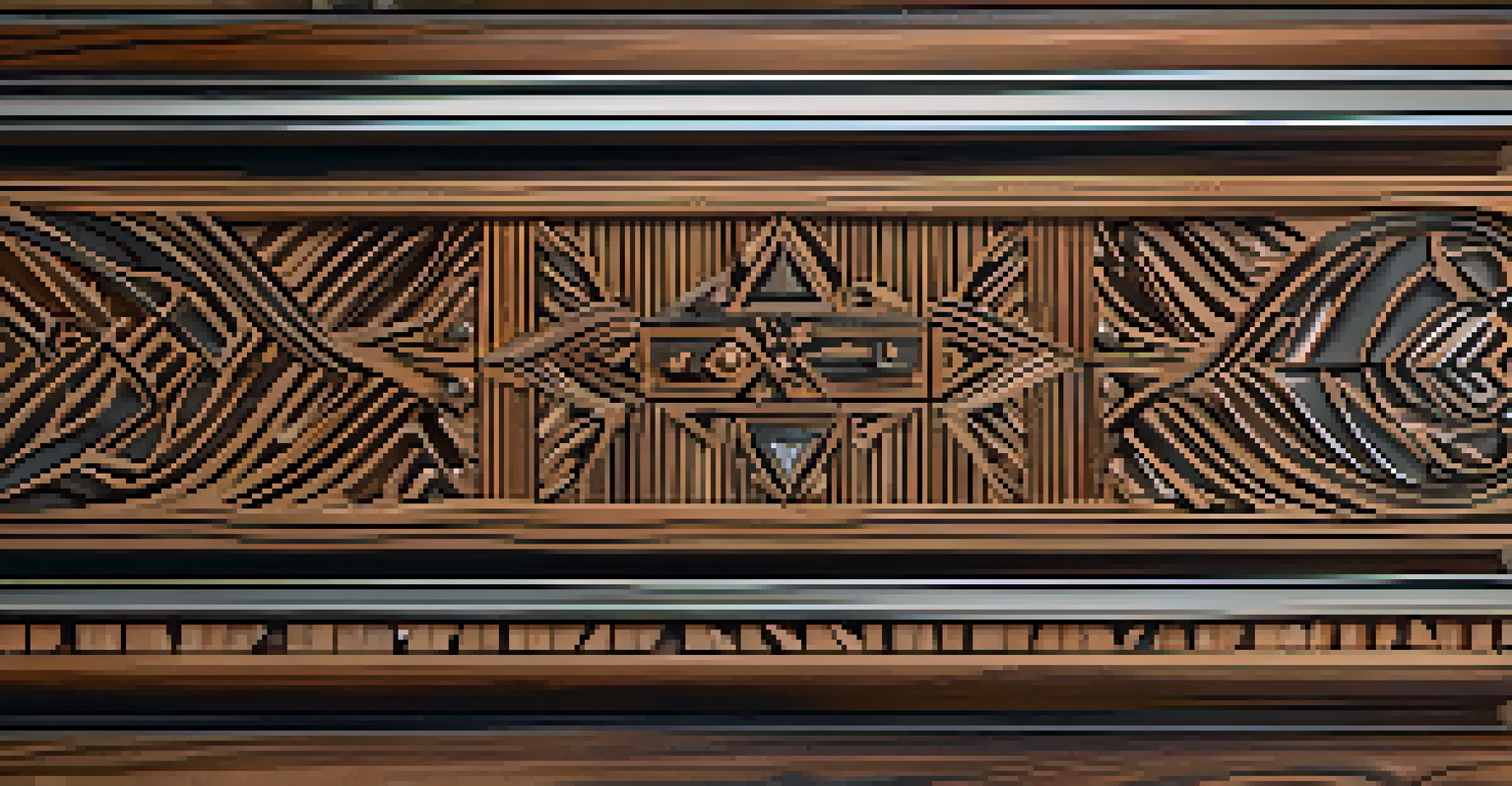 A close-up view of a mixed media carving showcasing wood, metal, and fabric elements with intricate patterns and textures illuminated by soft lighting.