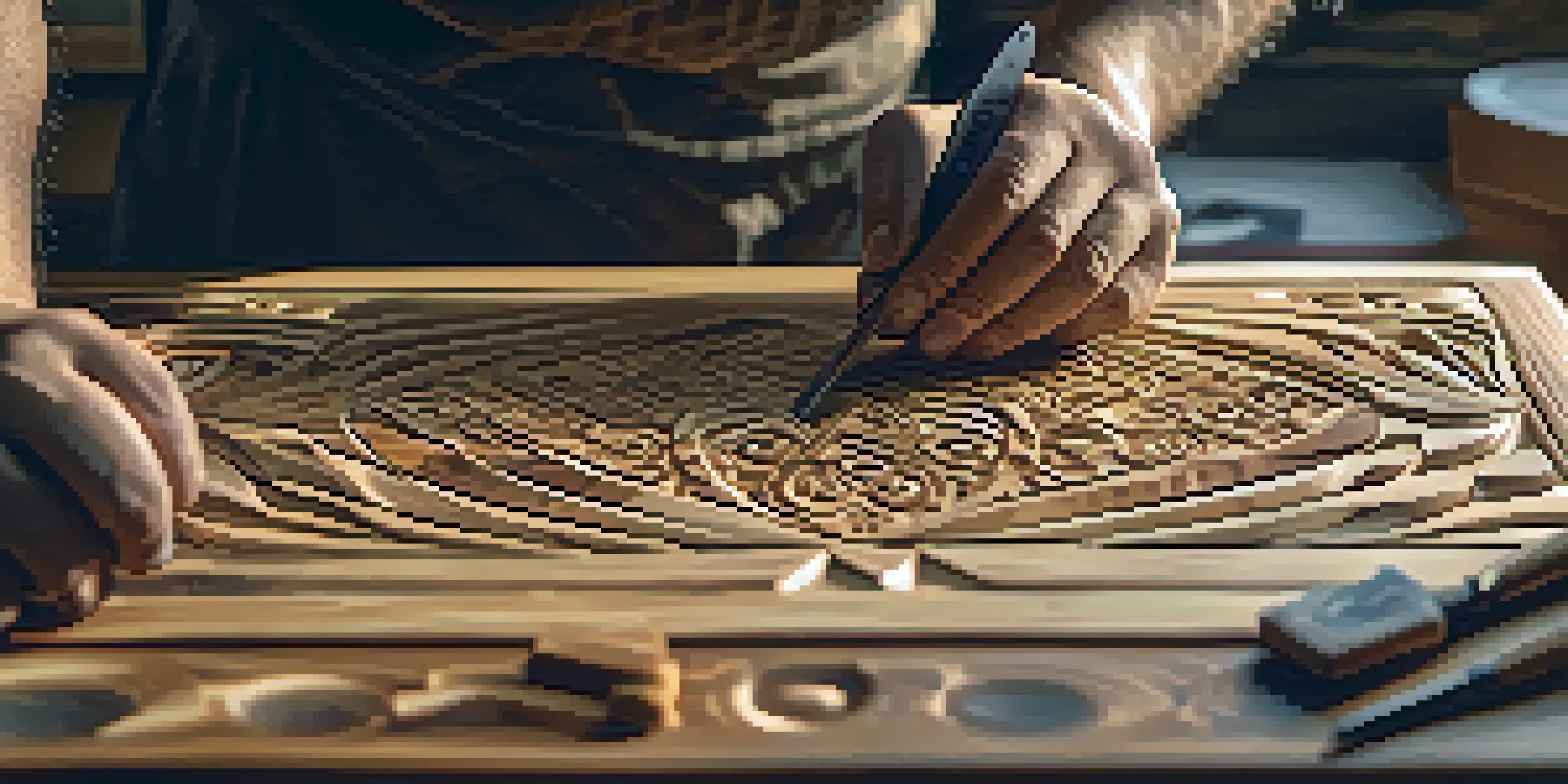 An artisan carving detailed patterns into wood with tools nearby, illuminated by soft natural light.