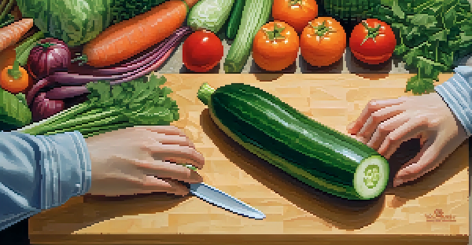 Hands carving a cucumber into a flower shape with fresh vegetables in the background.