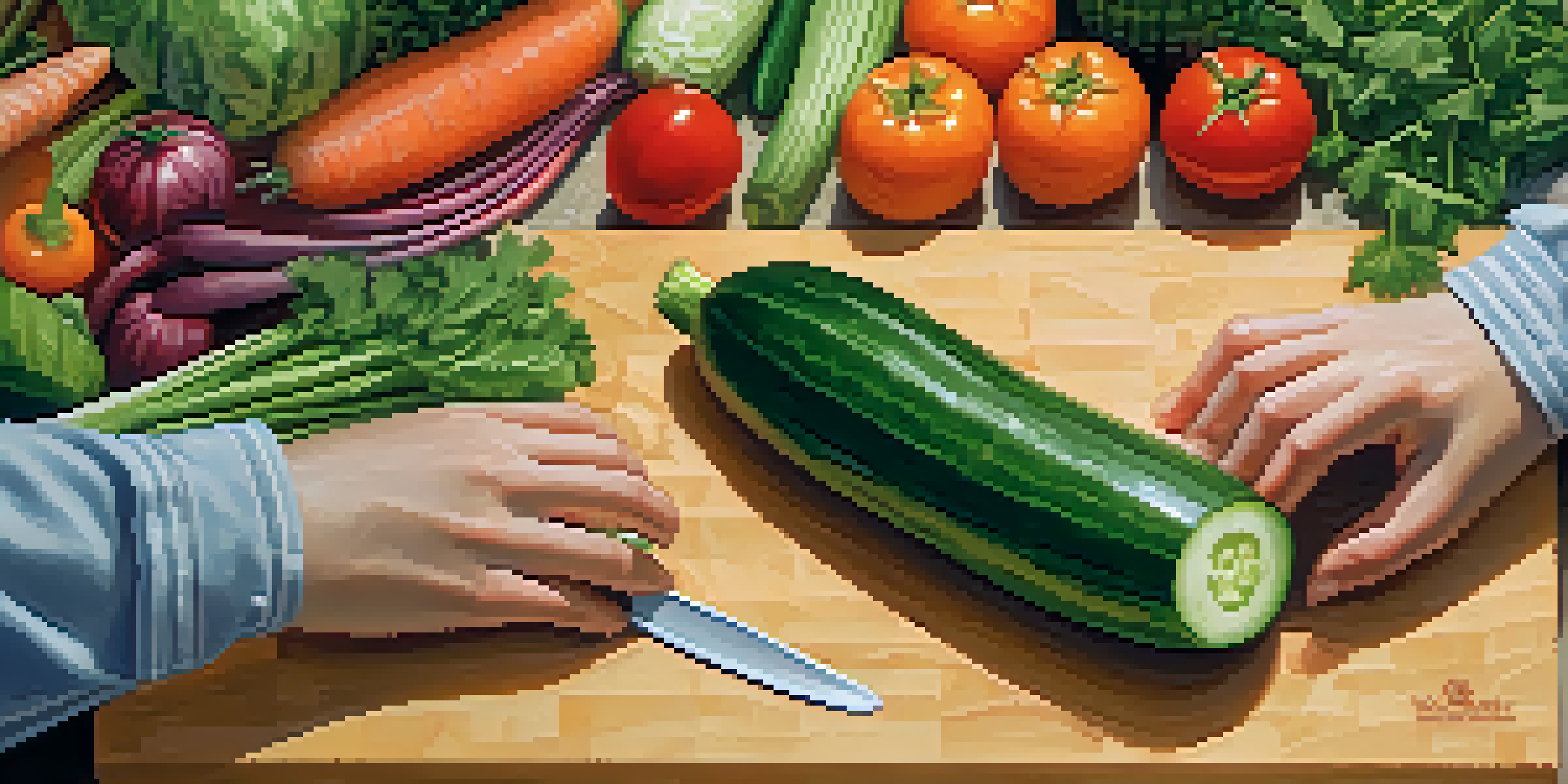 Hands carving a cucumber into a flower shape with fresh vegetables in the background.