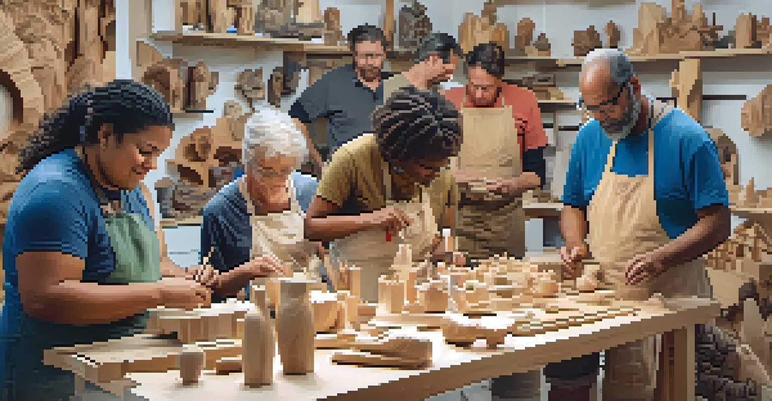 A group of carvers in a workshop, collaborating and sharing techniques, surrounded by various carving projects, promoting community and safety.