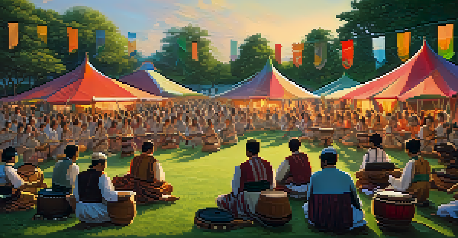 A lively outdoor music festival featuring musicians with traditional wooden instruments in a park setting.