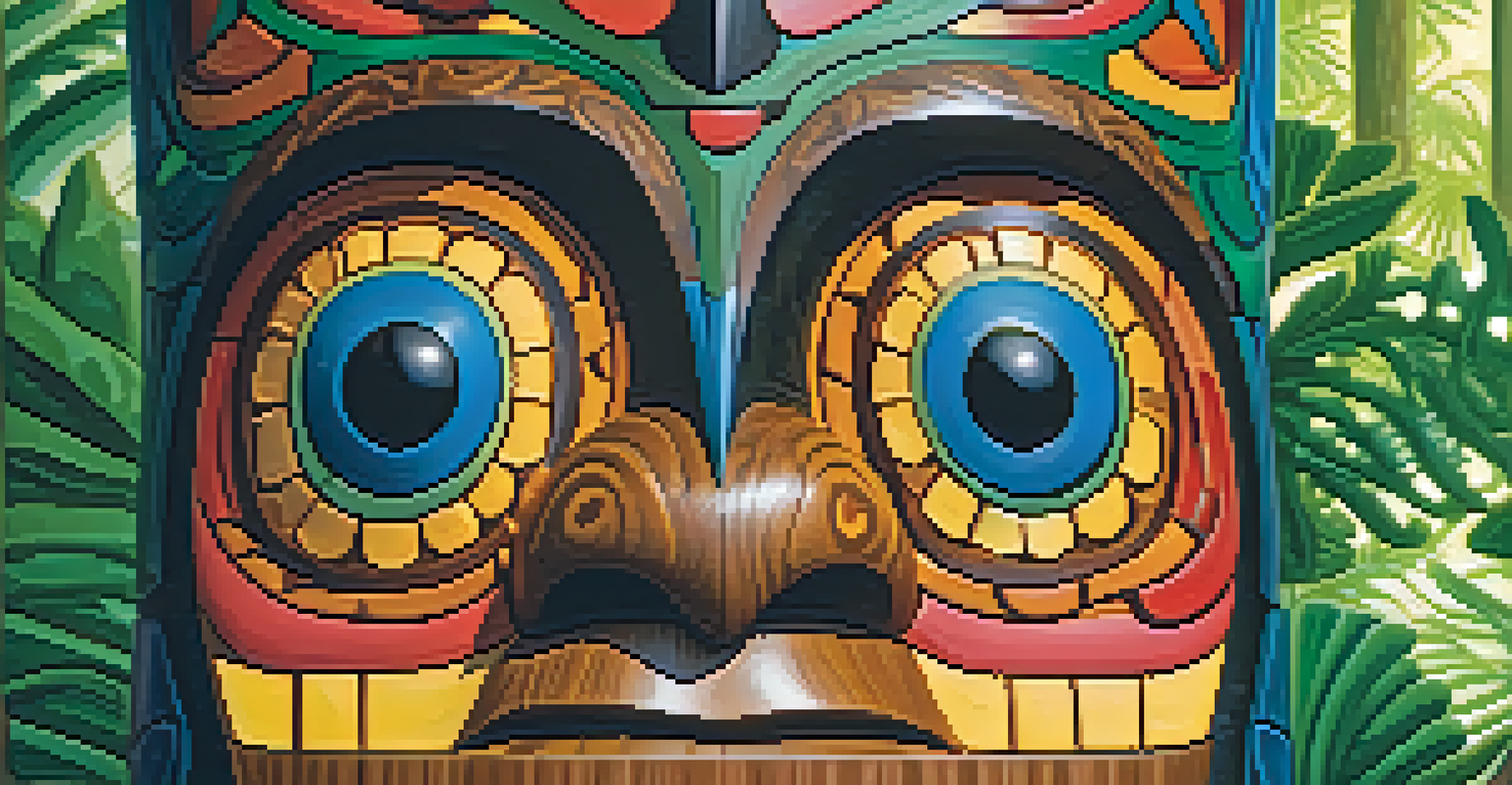 A close-up view of a carved totem pole with intricate designs set in a lush green forest.