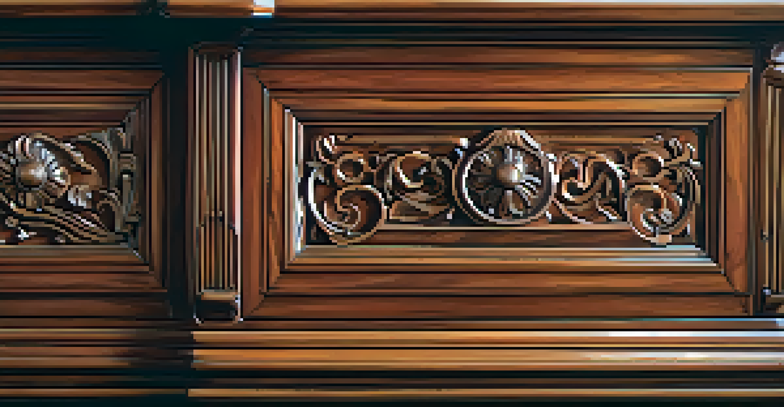 Close-up of ornate carvings on a restored antique piece of furniture, highlighting the intricate details and warm wood tones.