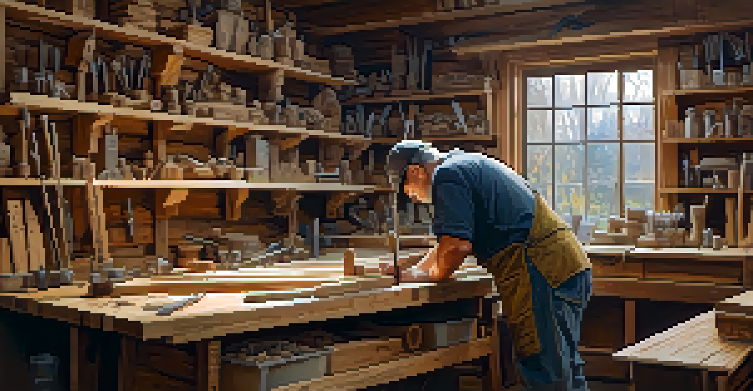An artisan carving recycled wood in a bright workshop filled with tools and wood shavings.