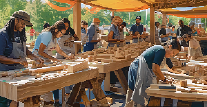 A diverse group of people participating in a wood carving workshop in a bright and open space, showcasing their carvings and tools.