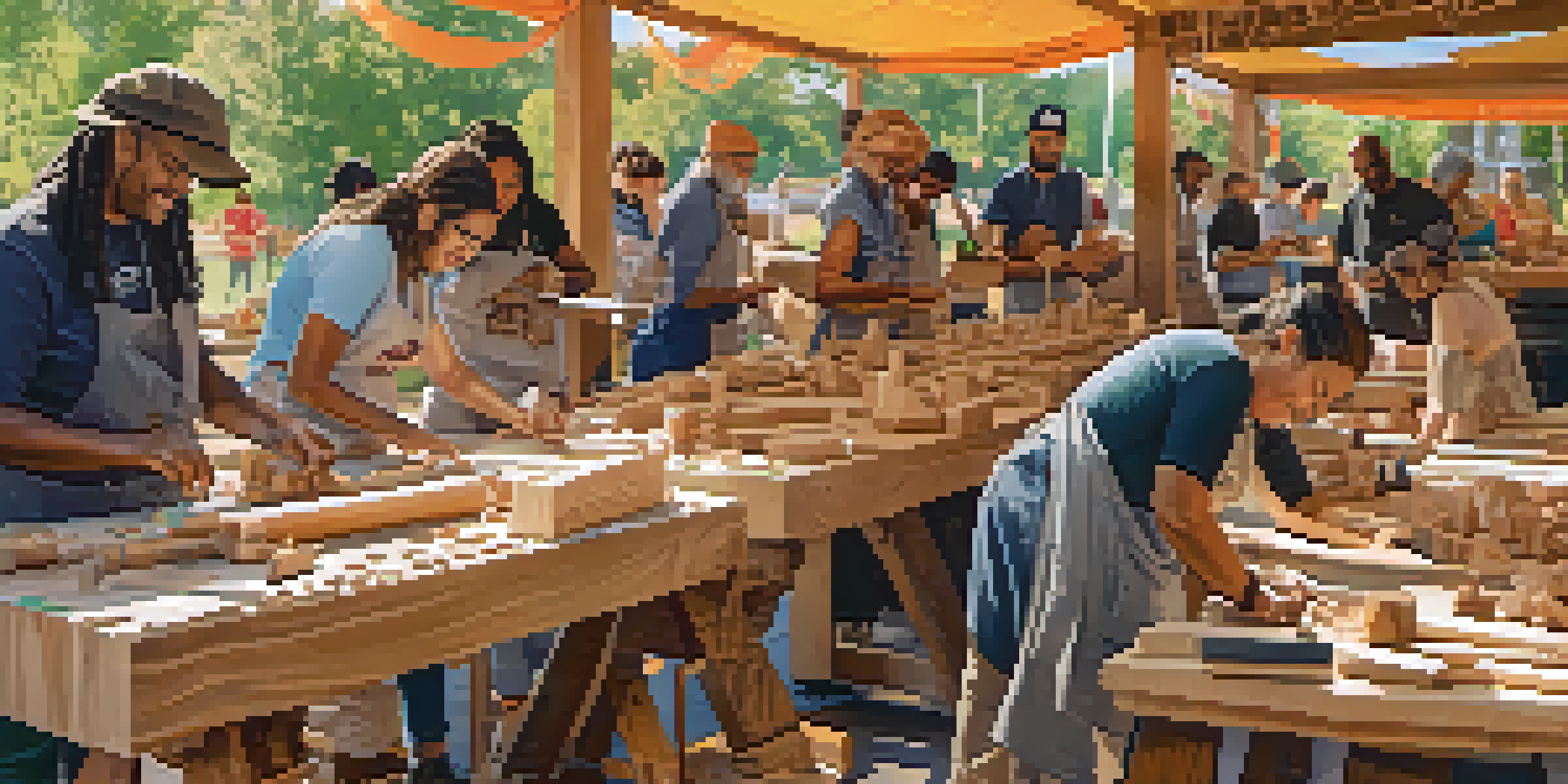 A diverse group of people participating in a wood carving workshop in a bright and open space, showcasing their carvings and tools.