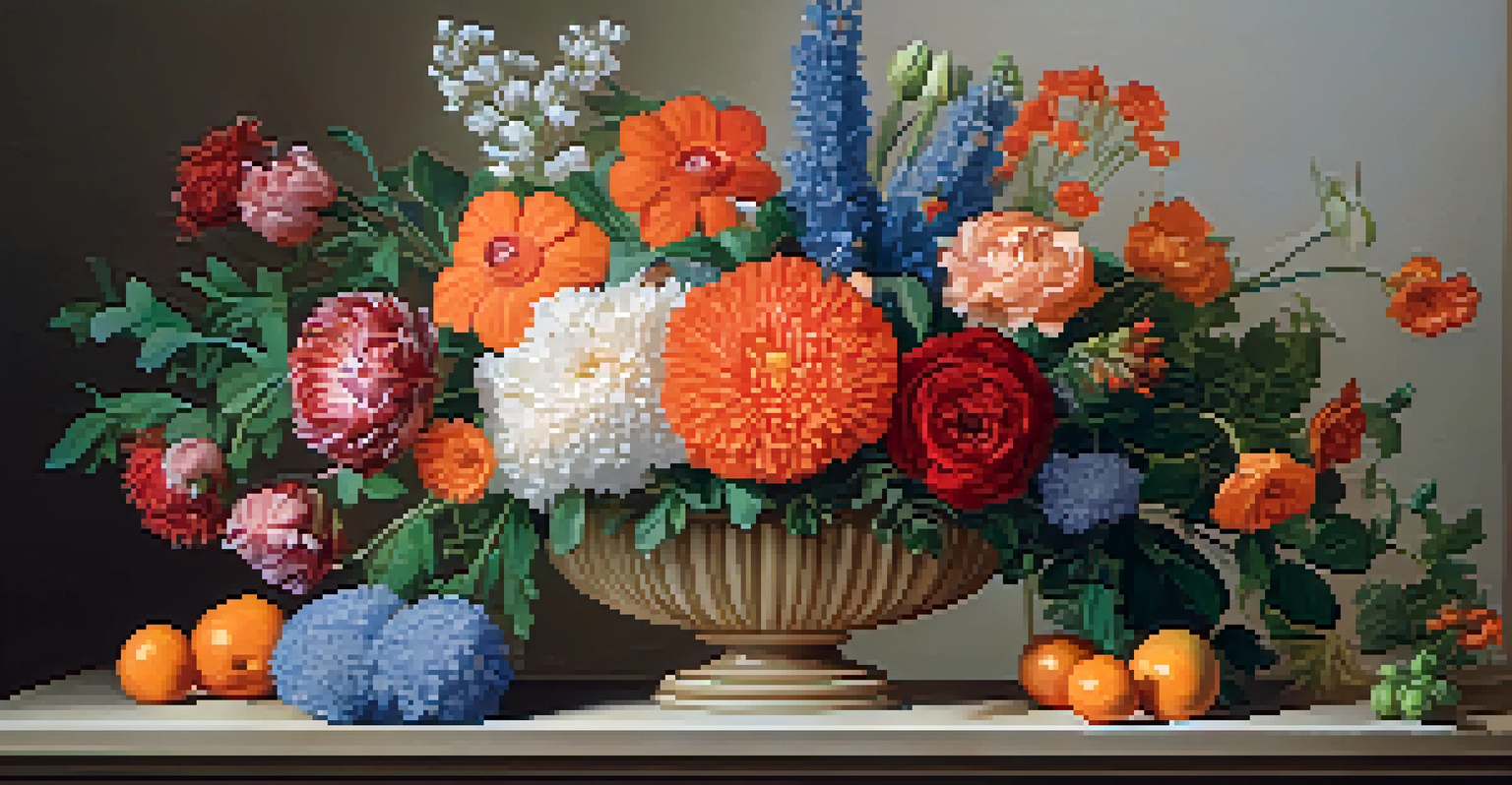 An asymmetrical floral carving with vibrant colors and varied textures, set against a neutral background.