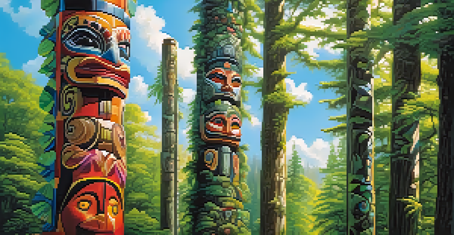 A colorful totem pole in a green forest, adorned with intricate carvings of animals and figures, illuminated by sunlight.