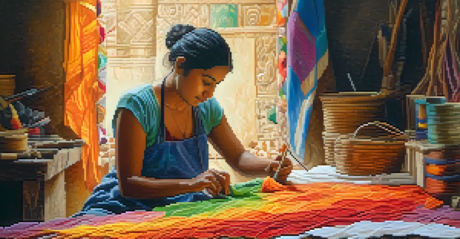 An artisan focused on carving designs into fabric, surrounded by crafting tools and colorful threads.