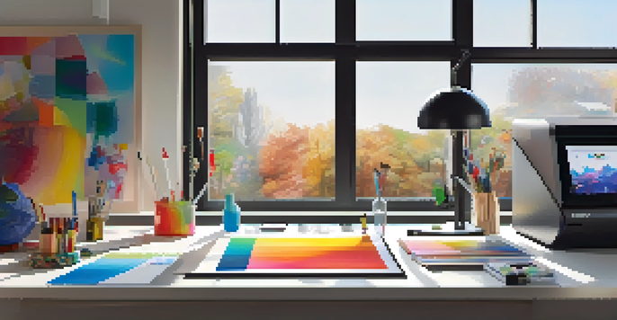 A bright artist's workspace with a 3D printer, colorful sculptures, and digital design sketches, illuminated by natural light.